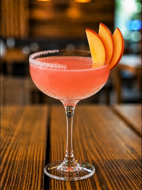 Peach & Ginger Margarita: tequila, orange liqueur, peach, ginger, lime, agave and pink Himalayan salt rim