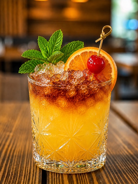 Coco Mai Tai: aged rum, orange liqueur, coconut, lime, orgeat, pineapple and cherry