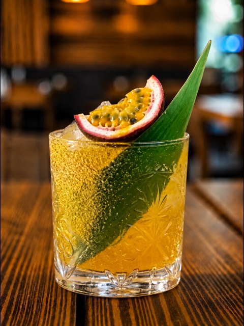 Spiced PassionStar: spiced rum, passionfruit, lemon, pineapple, glistening with edible gold dust
