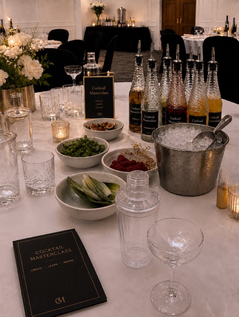 Cocktail masterclass table set with menu, premium spirits, glassware and fresh garnishes