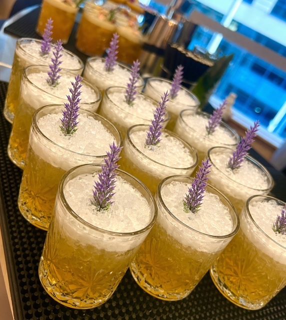 Clydeport Celebration cocktails topped with crushed ice and heather sprigs